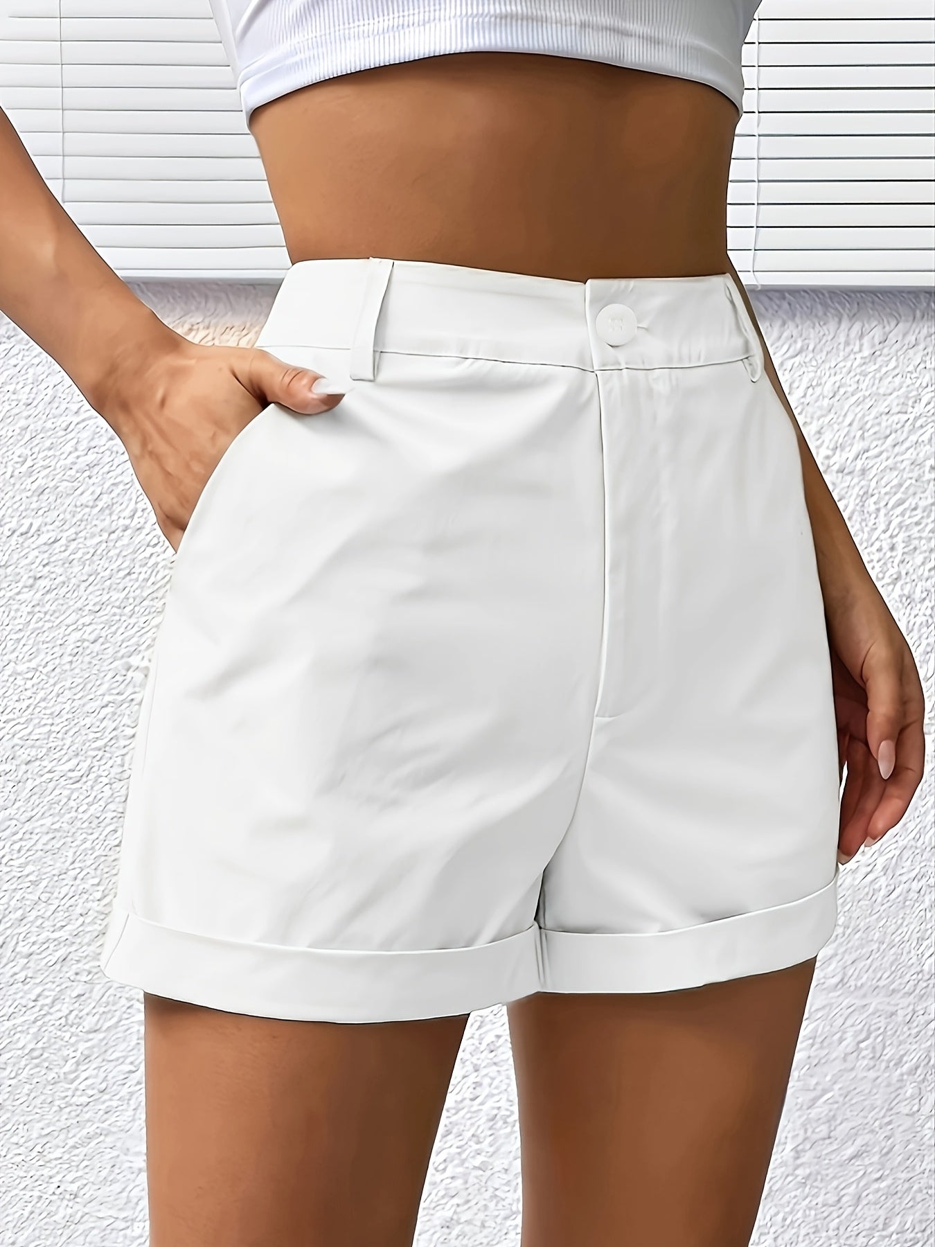 [Elegant High-Waisted Shorts] High-Waisted Polyester Shorts for Women | Elegant White Office & Casual Pants, Structured Everyday Formal Bottoms, Non-Stretchy, Lightweight, Seasonal Fashion for Spring/Summer/Fall