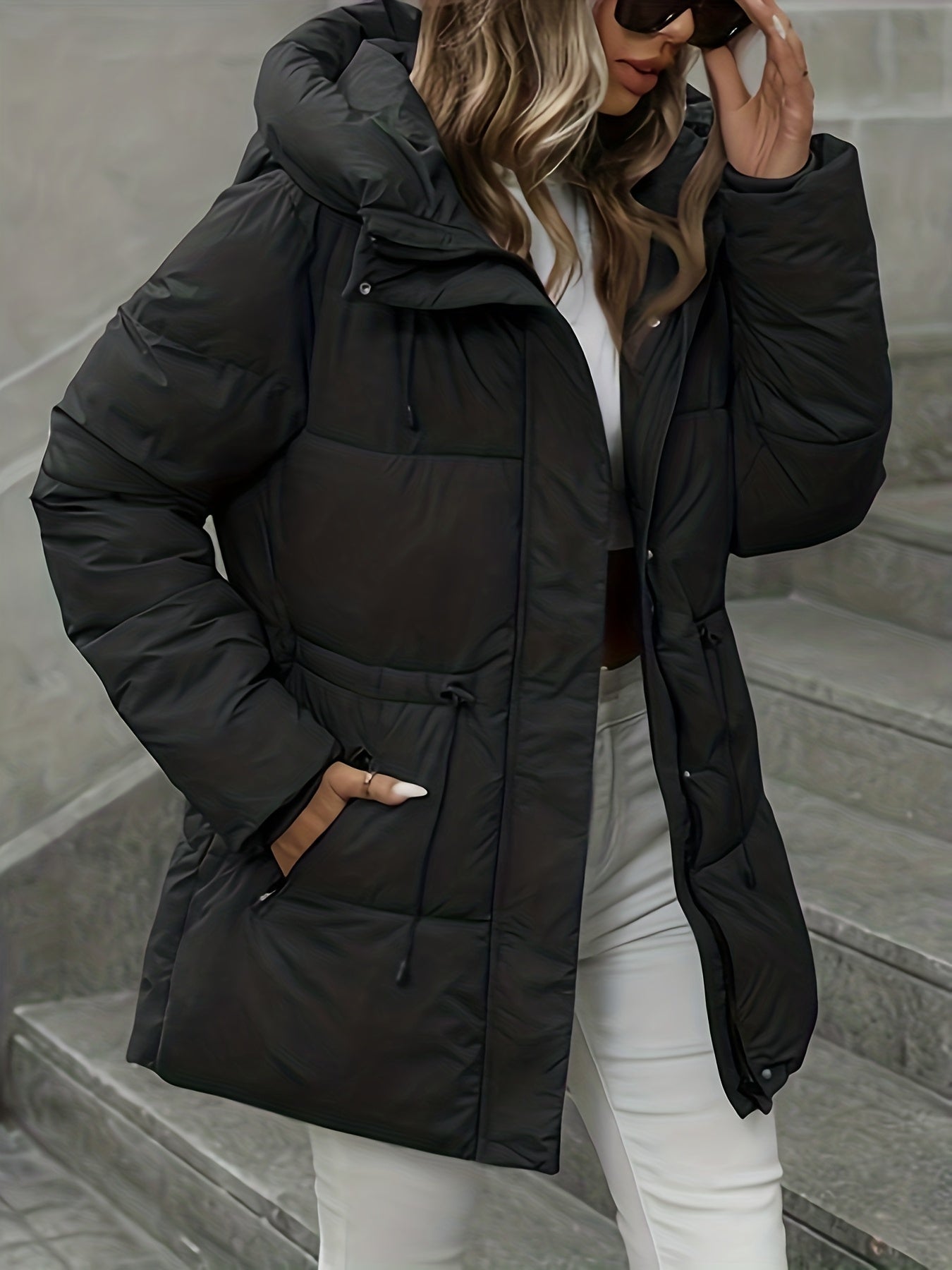2025 New Autumn/Winter Collection: Mid-Length Puffer Coat Thickened, Warm Hooded Jacket Fashionable Casual Style with Adjustable Belt Features Zipper Closure Ideal for Daily Commuting And Outdoor