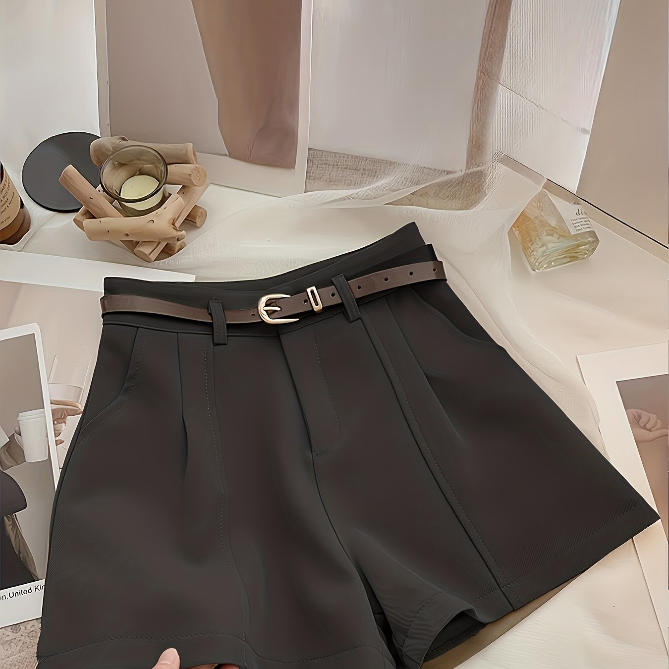 [Elegant Women's Shorts] Elegant Non-Stretch Women's Office & Formal Shorts | Structured Fabric for Business, Parties, Everyday - Navy Blue, All-Season Professional & Casual Pants (No Belt Needed) - Easy-Care, Sophisticated L