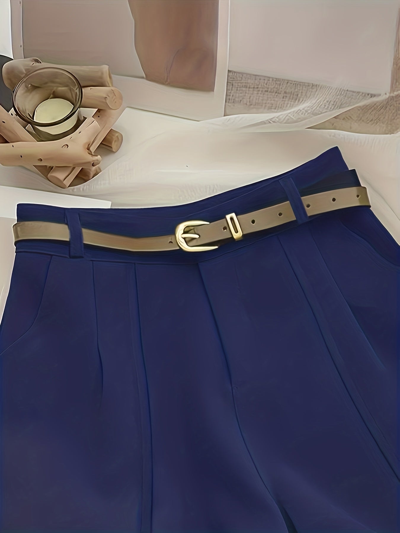 [Elegant Women's Shorts] Elegant Non-Stretch Women's Office & Formal Shorts | Structured Fabric for Business, Parties, Everyday - Navy Blue, All-Season Professional & Casual Pants (No Belt Needed) - Easy-Care, Sophisticated L