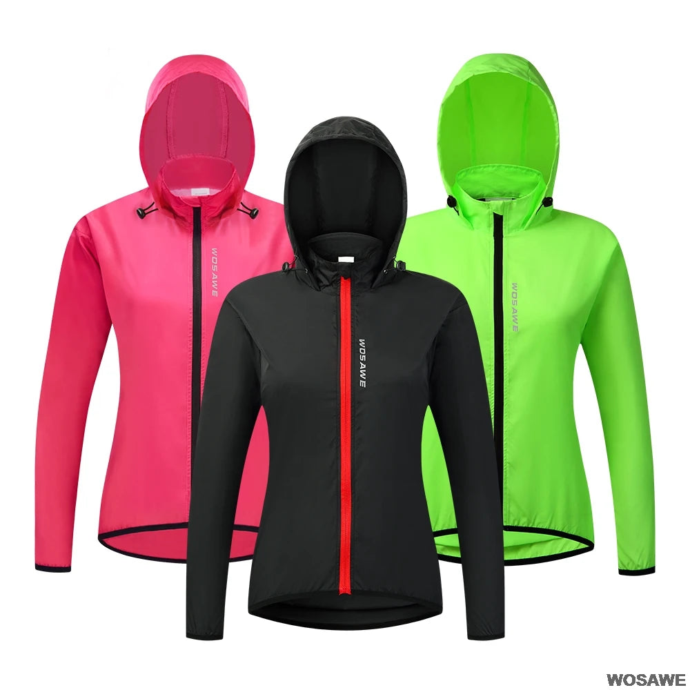 WOSAWE Ladies Windproof Cycling Jackets Hooded Riding Waterproof Cycle Clothing Bike Long Sleeve Jerseys Reflective Wind Coat