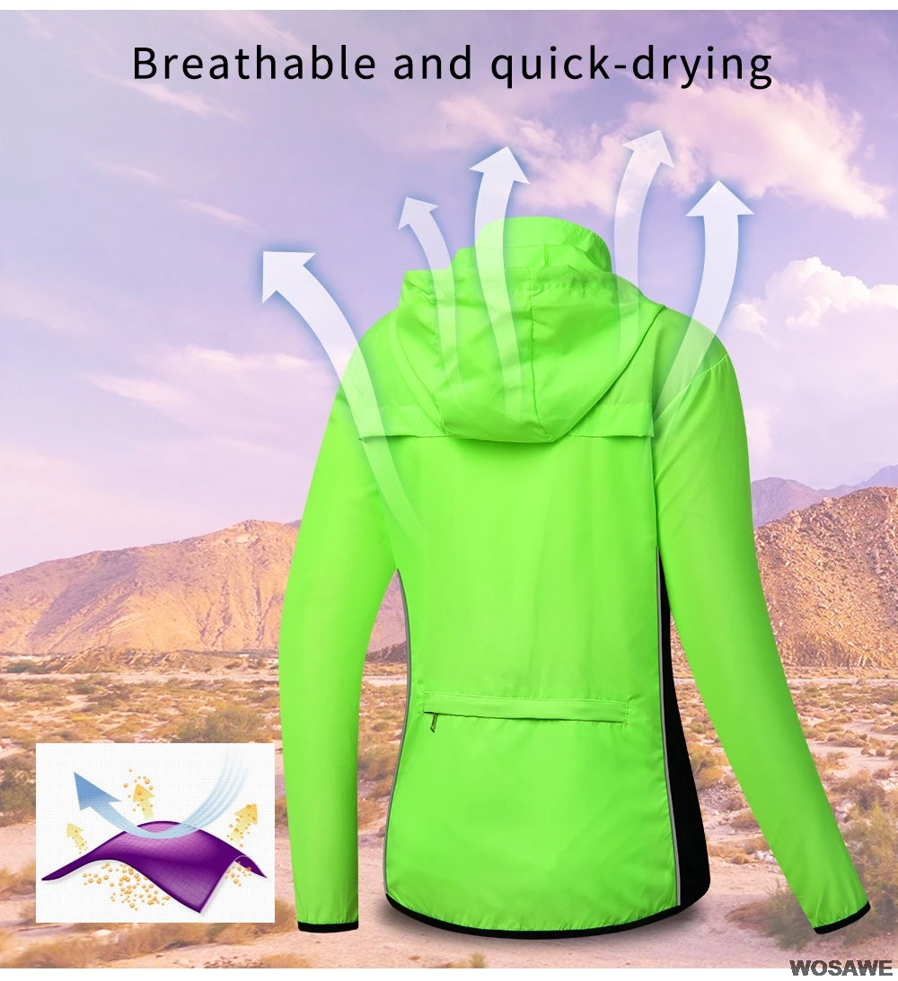 WOSAWE Ladies Windproof Cycling Jackets Hooded Riding Waterproof Cycle Clothing Bike Long Sleeve Jerseys Reflective Wind Coat