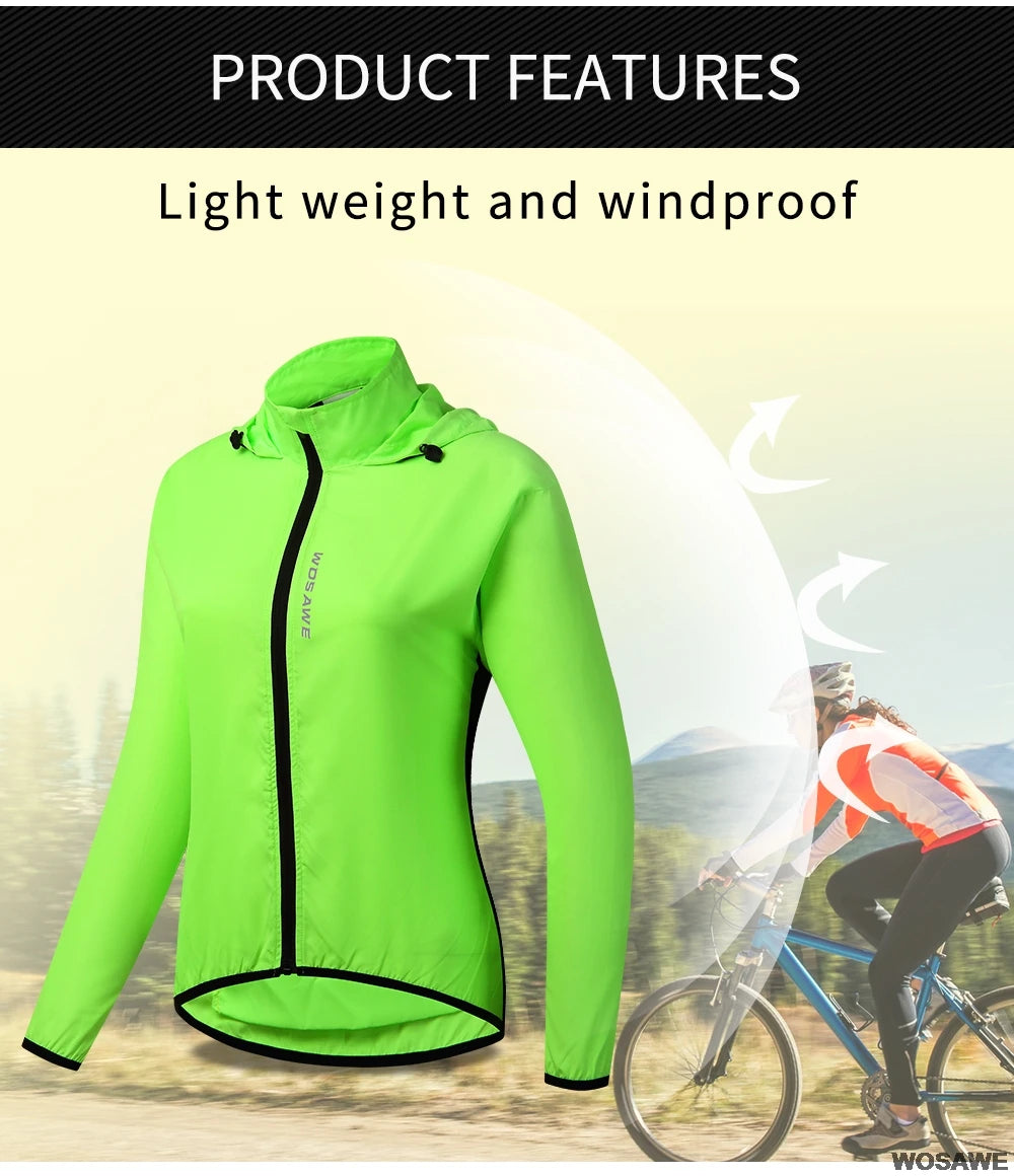 WOSAWE Ladies Windproof Cycling Jackets Hooded Riding Waterproof Cycle Clothing Bike Long Sleeve Jerseys Reflective Wind Coat