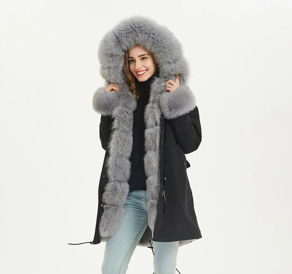 MaoMaoKong Natural Real Fox Fur Jacket Hooded Black Waterproof Woman Winter Warm Coat Parkas Luxury Jacket Female Clothing