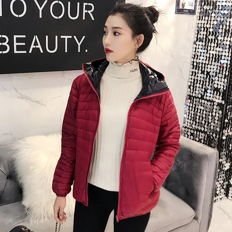 NEW Brand Women Double Side Jacket Ultra Light 90% White Duck Down Jacket Hooded Windbreakers Reversible Lightweight Warm Coats