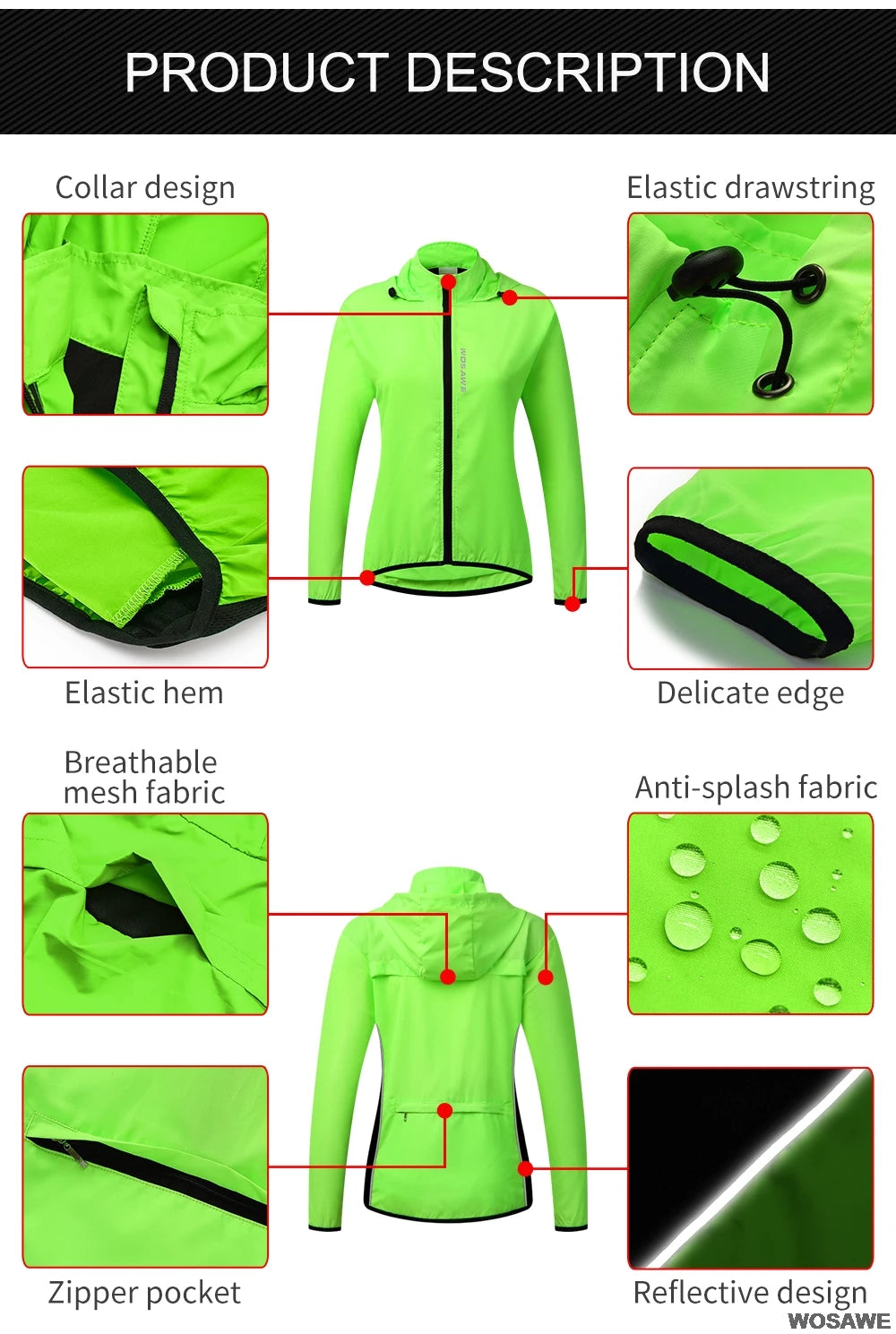 WOSAWE Ladies Windproof Cycling Jackets Hooded Riding Waterproof Cycle Clothing Bike Long Sleeve Jerseys Reflective Wind Coat