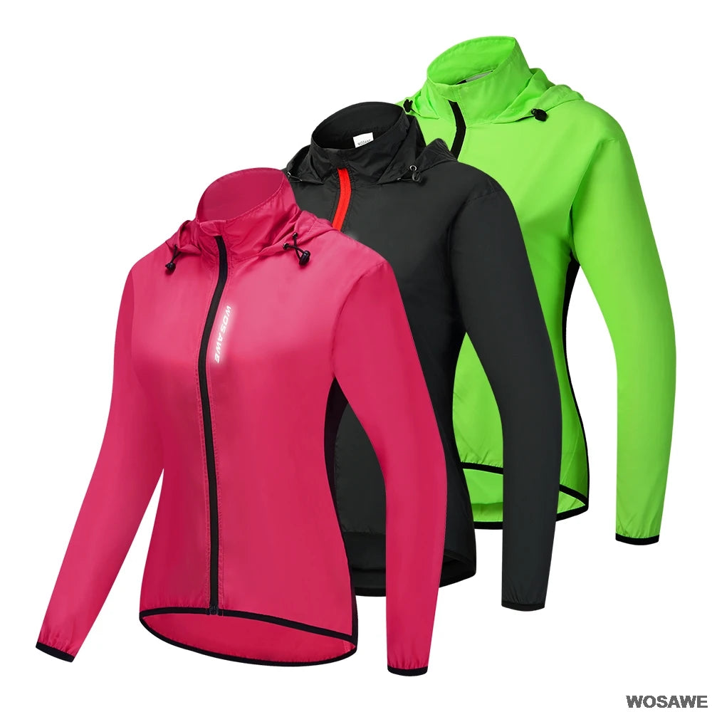 WOSAWE Ladies Windproof Cycling Jackets Hooded Riding Waterproof Cycle Clothing Bike Long Sleeve Jerseys Reflective Wind Coat