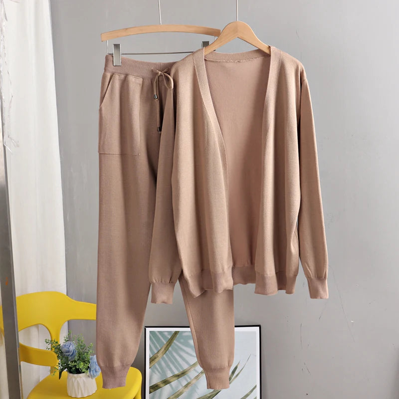 GIGOGOU Spring Autumn 3 Piece Women Cardigan Tracksuits Fashion Knitted Pocket Pant Set Ladies Sweater Suit
