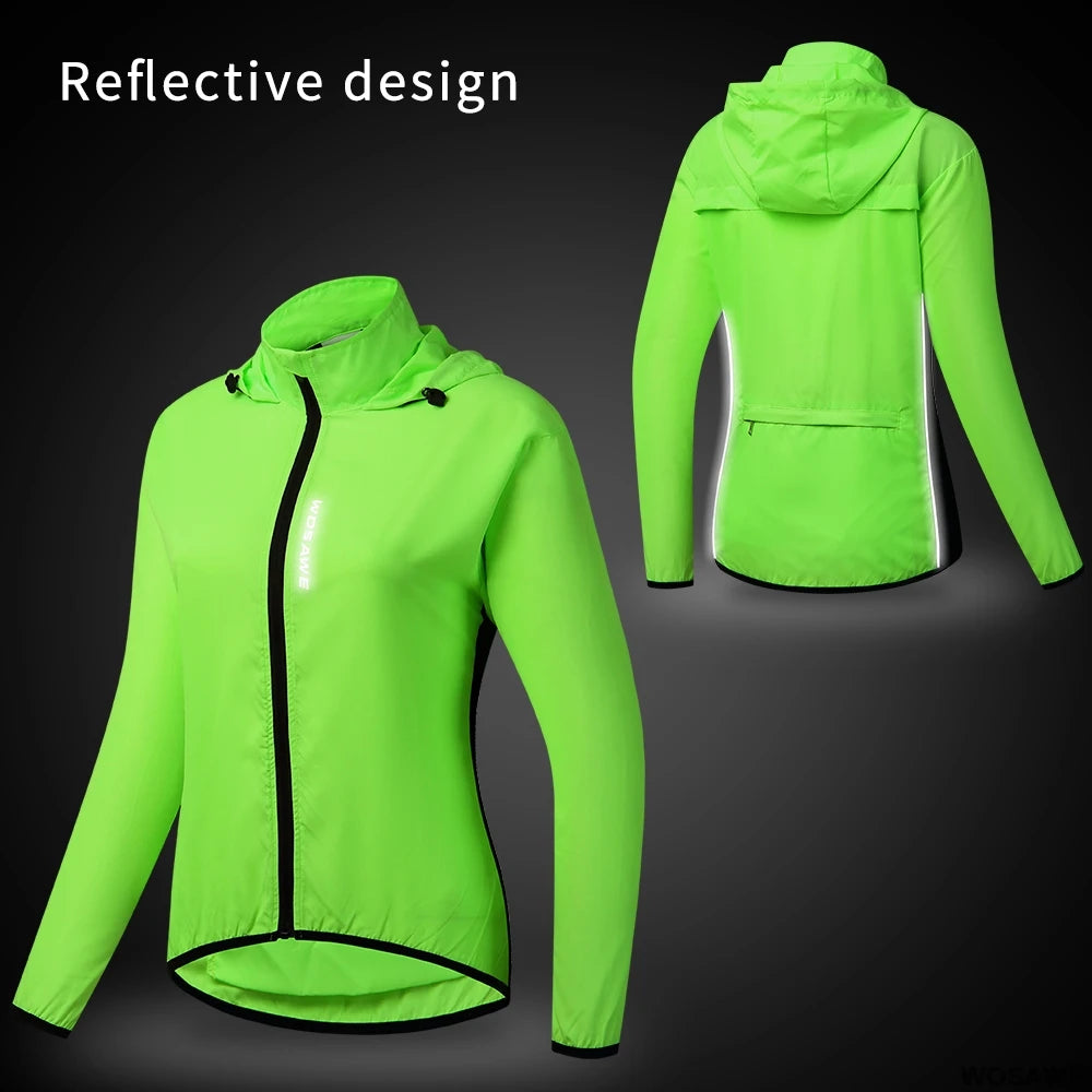 WOSAWE Ladies Windproof Cycling Jackets Hooded Riding Waterproof Cycle Clothing Bike Long Sleeve Jerseys Reflective Wind Coat