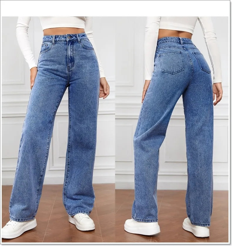 2025 new European and American high-waisted water-washed women's jeans long fashionable and versatile straight-leg pants