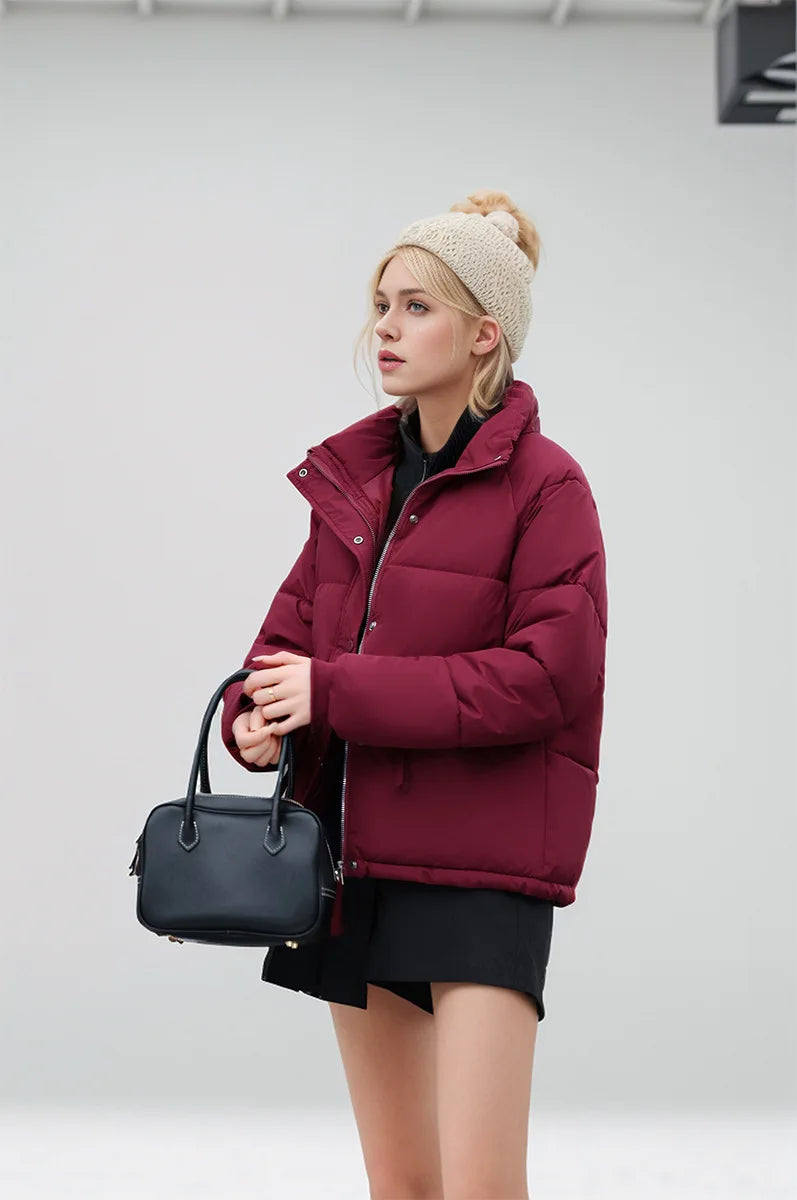 Women's Winter Puffer Coat Stand Collar Zipper Fly Pockets Loose Fit Quilted Coat For Female Thickened Lady's Thermal Coat