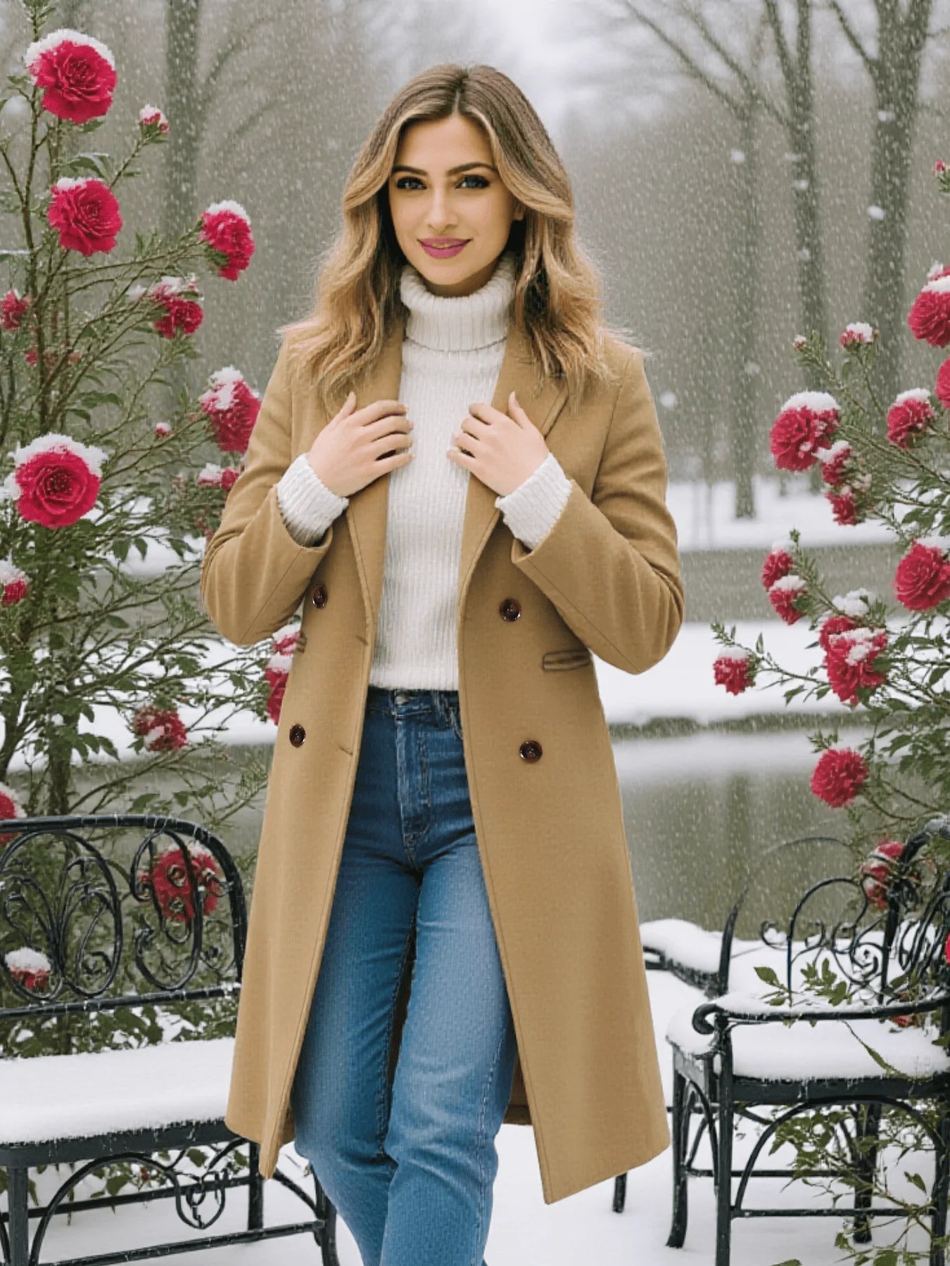 Women's Trench Coat Autumn Winter Thickened Windbreaker Textured Woolen Fabric Warm Minimalist Euro-American Fashion Overcoat