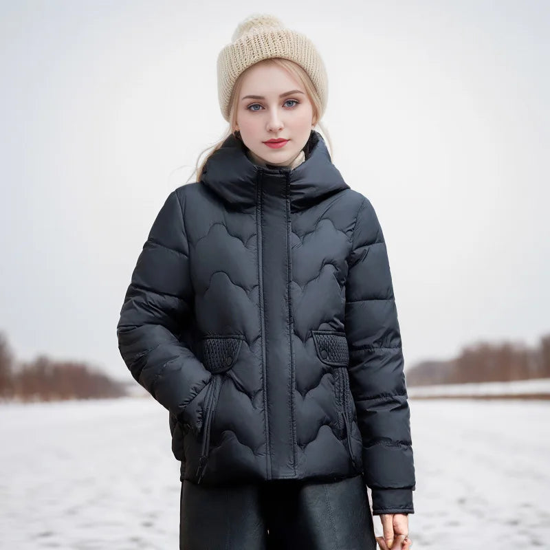 Drawstring Winter Women's Parka Jacket Solid Stand Collar Hooded Zipper Fly Padded Coat For Female Slouchy-Style Lady's Jacket