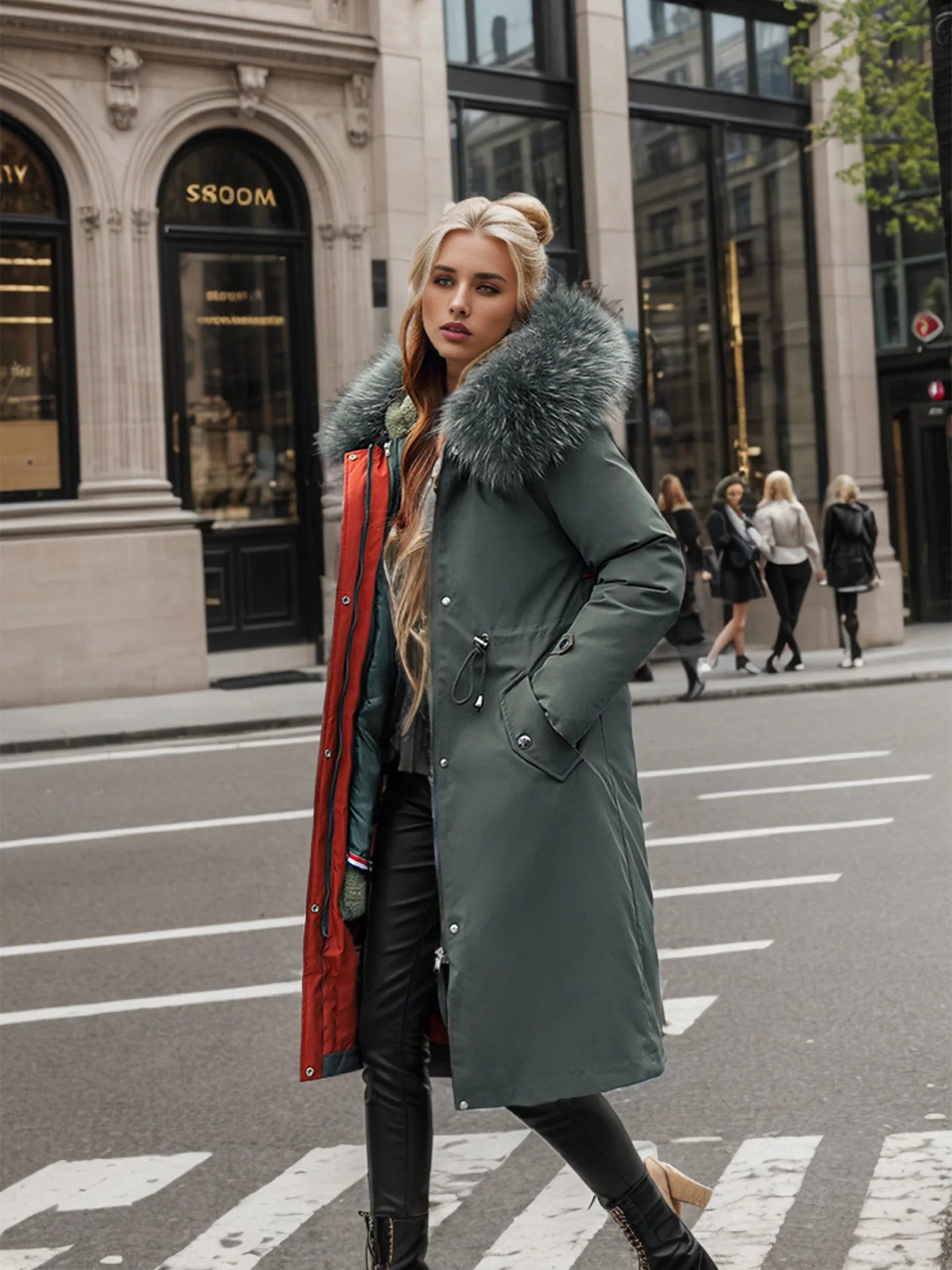 Lady's Winter Parka Coat Solid Color Detachable Faux Fur Trim Slim Fit Female's Padded Coat Thermal Longline Coat For Women