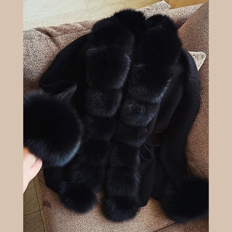 Chic Knitted Faux Fur Patchwork Women's Coat Thicken Warm Lady Coats 2025 Autumn Winter Chic Female Street Outerwears