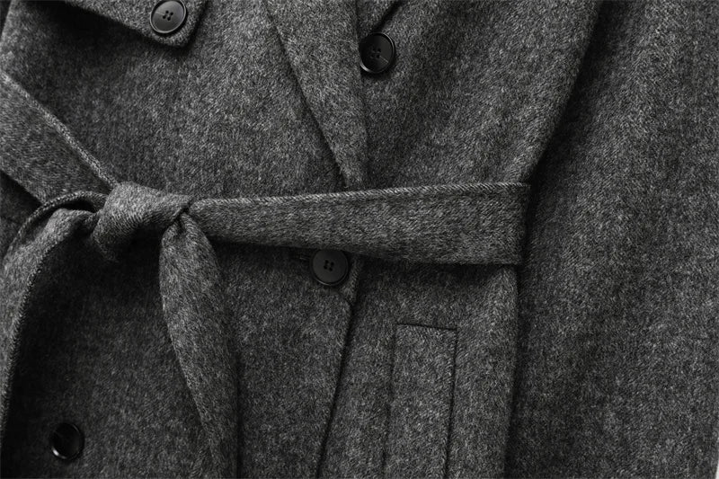 2025 new women's wool blend lapel with belt double breasted woolen coat coat women's trench coat