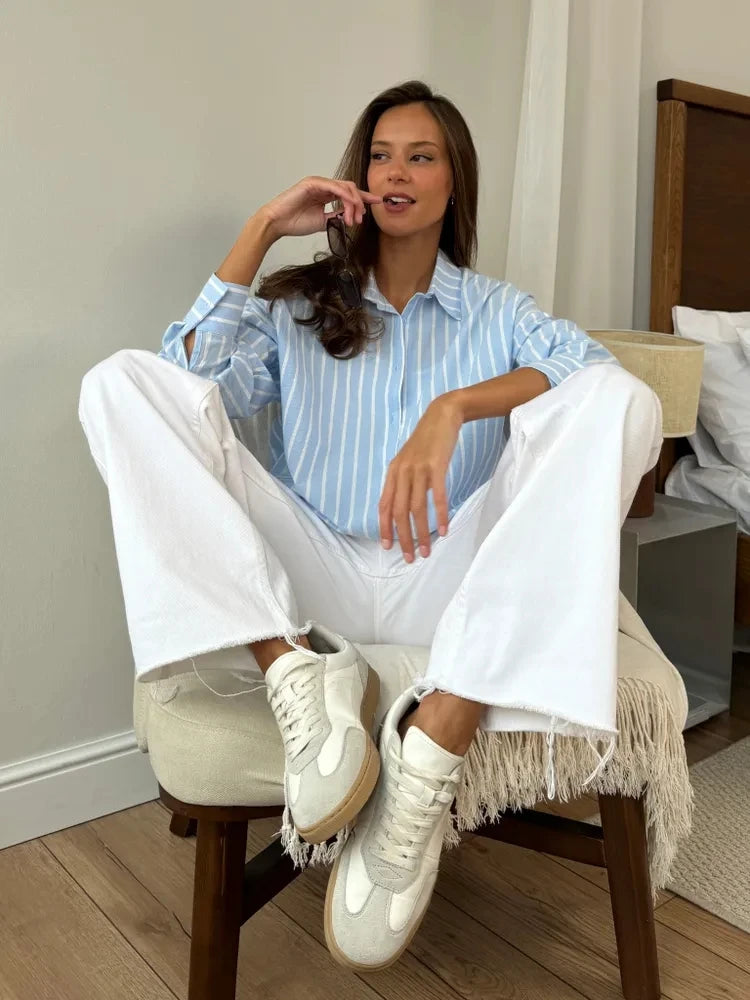 2025 summer striped shirt for women's clothing with a lazy and long sleeved design, hot selling breathable cardigan