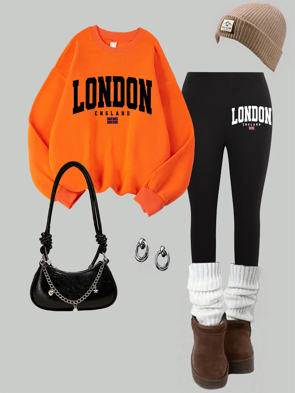 2 Piece Womens London England Flag Printing Sweatshirts Leggings Set Street Fleece Thermal Hoodie Pants Winter Womans Clothes