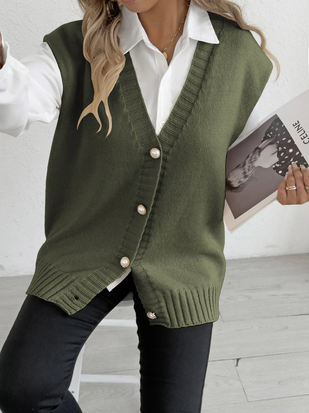 Women's Tops Autumn and Winter Vest Women's Clothing Pearl Button Loose Casual Cardigan Sweater Vest