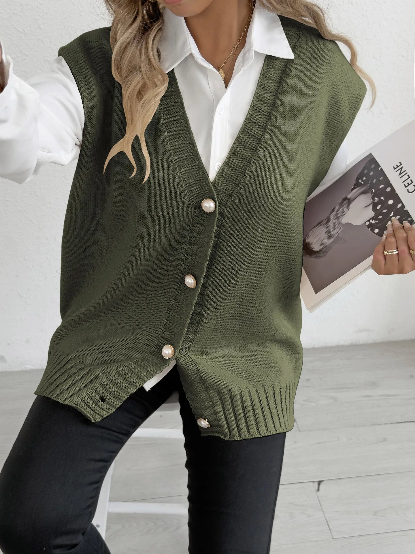 Women's Tops Autumn and Winter Vest Women's Clothing Pearl Button Loose Casual Cardigan Sweater Vest