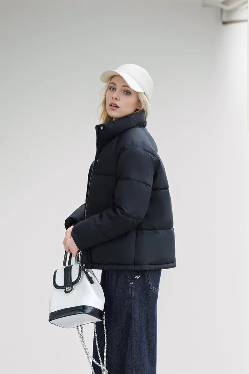 Women's Winter Puffer Coat Stand Collar Zipper Fly Pockets Loose Fit Quilted Coat For Female Thickened Lady's Thermal Coat