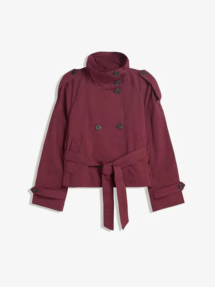 Spring Autumn Women Stand Collar Trench Coat 2025 New With Belt Double Breasted Jacket High Street Long Sleeve Windbreaker Coat