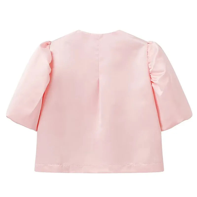 Women's casual satin shirt with puff sleeves, round neck, loose fit and short length, elegant and plain, for spring/summer.