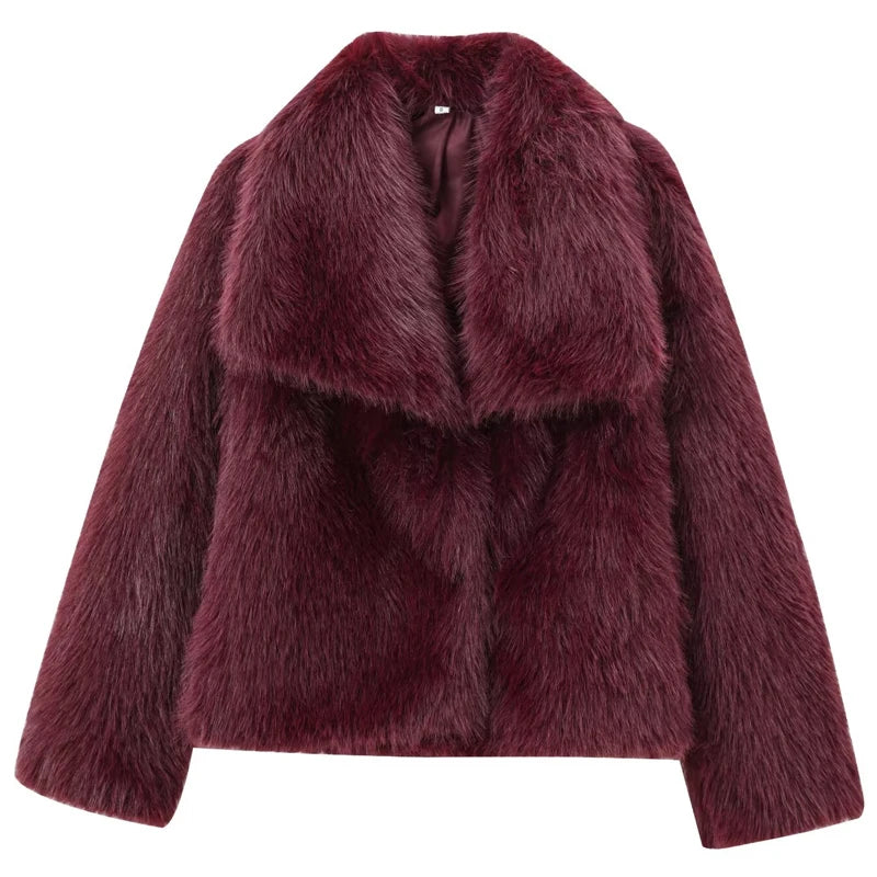 HXAO Women's Fur Coat Women 2025 Plush Burgundy Bomber Jacket Solid Crop Long Sleeve Jacket Warm Winter Coats Woman Casual Coats