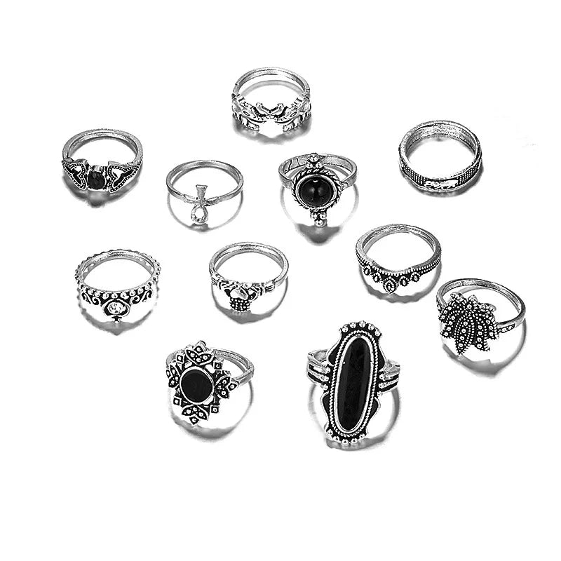 11 pcs Silver Knuckle Rings Set Gothic Crescent Ring Set Punk Silver Plated Cross Ring for Women