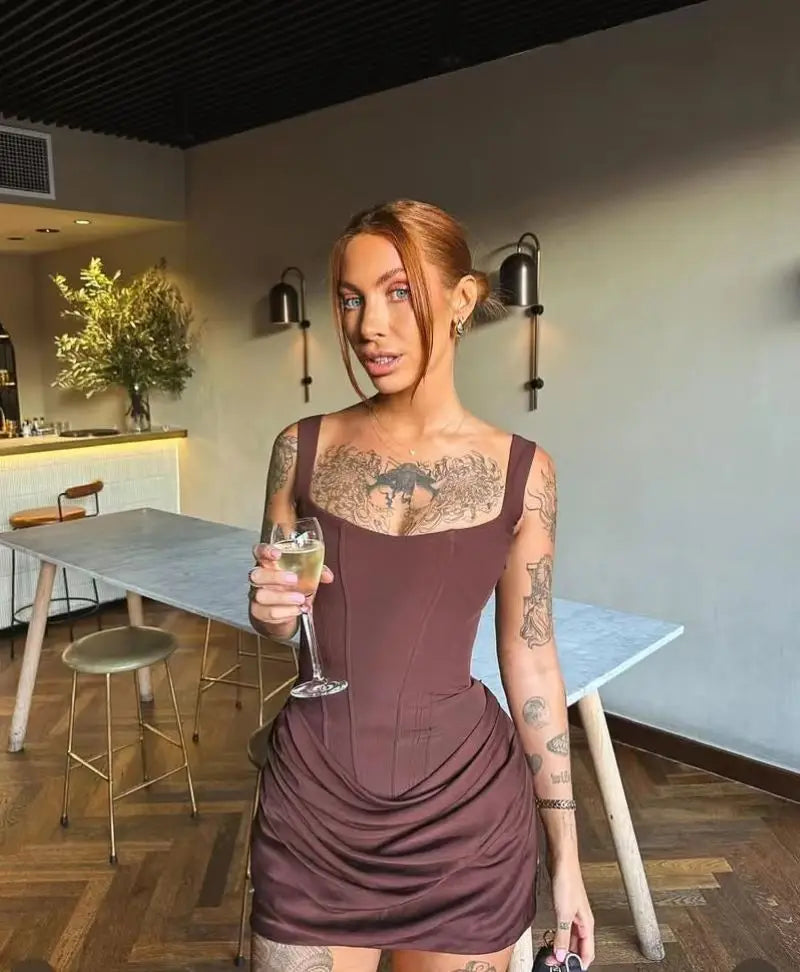 Elegant Brown Short Ruched Dress For Women Sexy Strapless Corset Curvy Bandage Mini Dresses Summer Formal Evening Party White