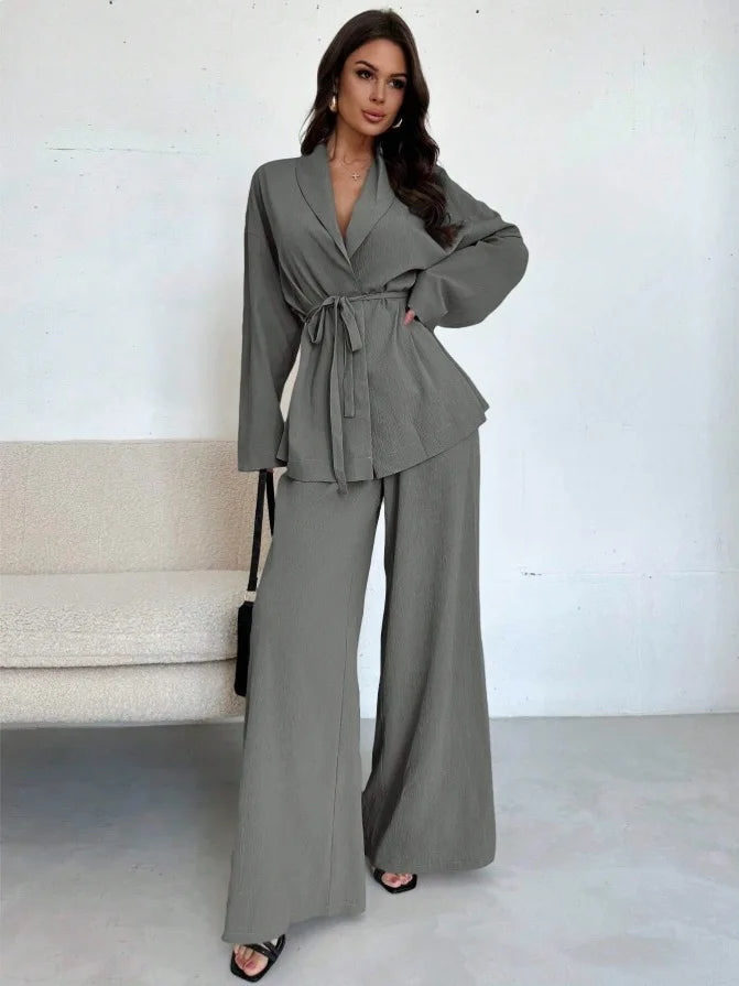 2025 Autumn Winter European American Fashion V-neck Women's Temperament Long-sleeved Elegant Wide-leg Pants Set
