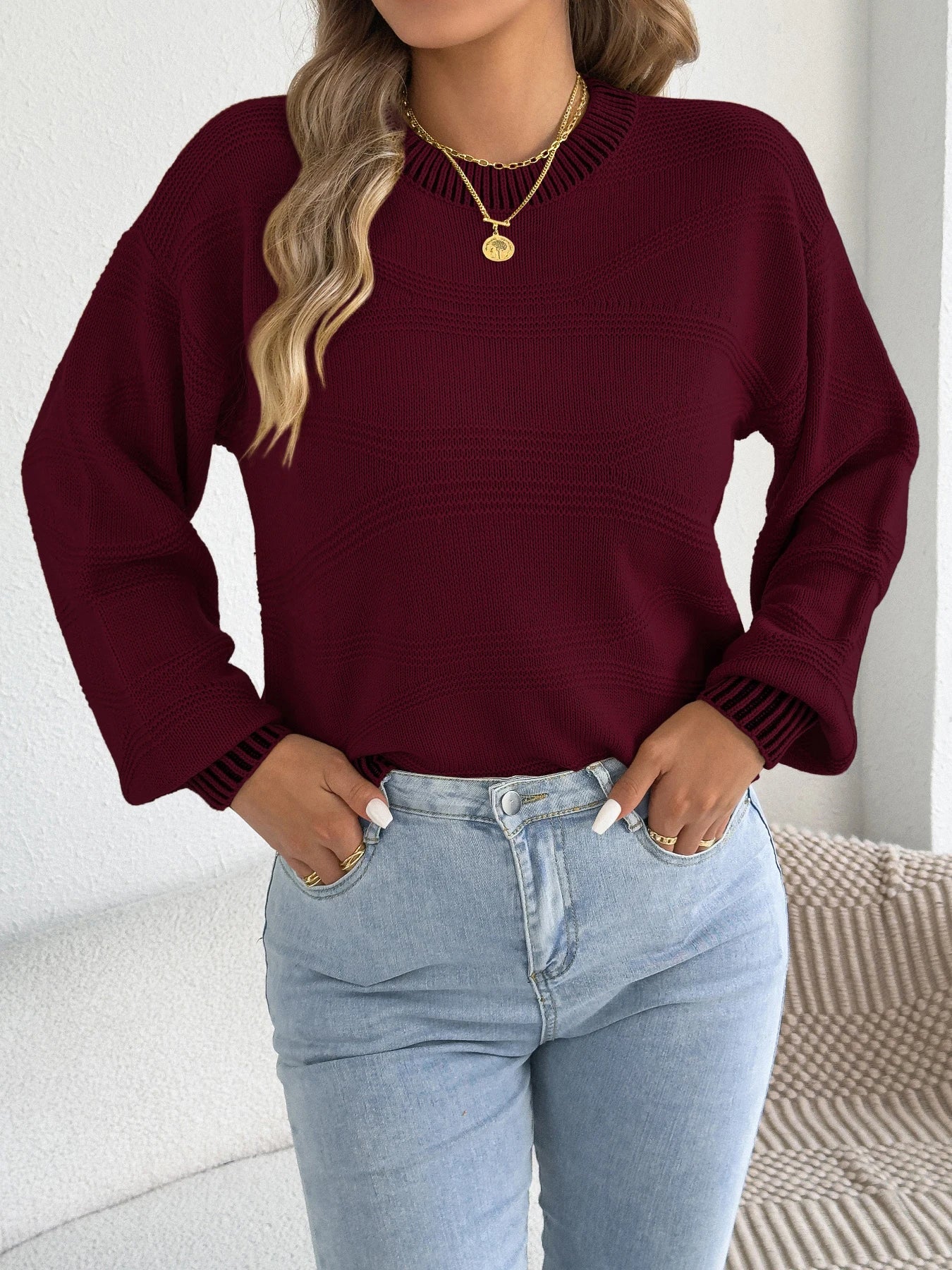 Women Striped Round Neck Pullover Sweater Long Sleeve Fall Winter Vacation Ready Knit Tops