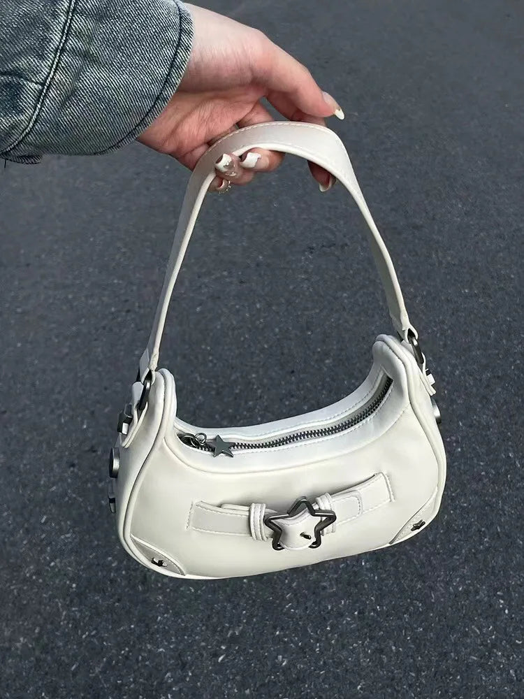 Vintage Korean Casual Cute White Star Shoulder Underarm Tote Bag Ladies Sling Bags Leather Zip Purses  Handbags Women