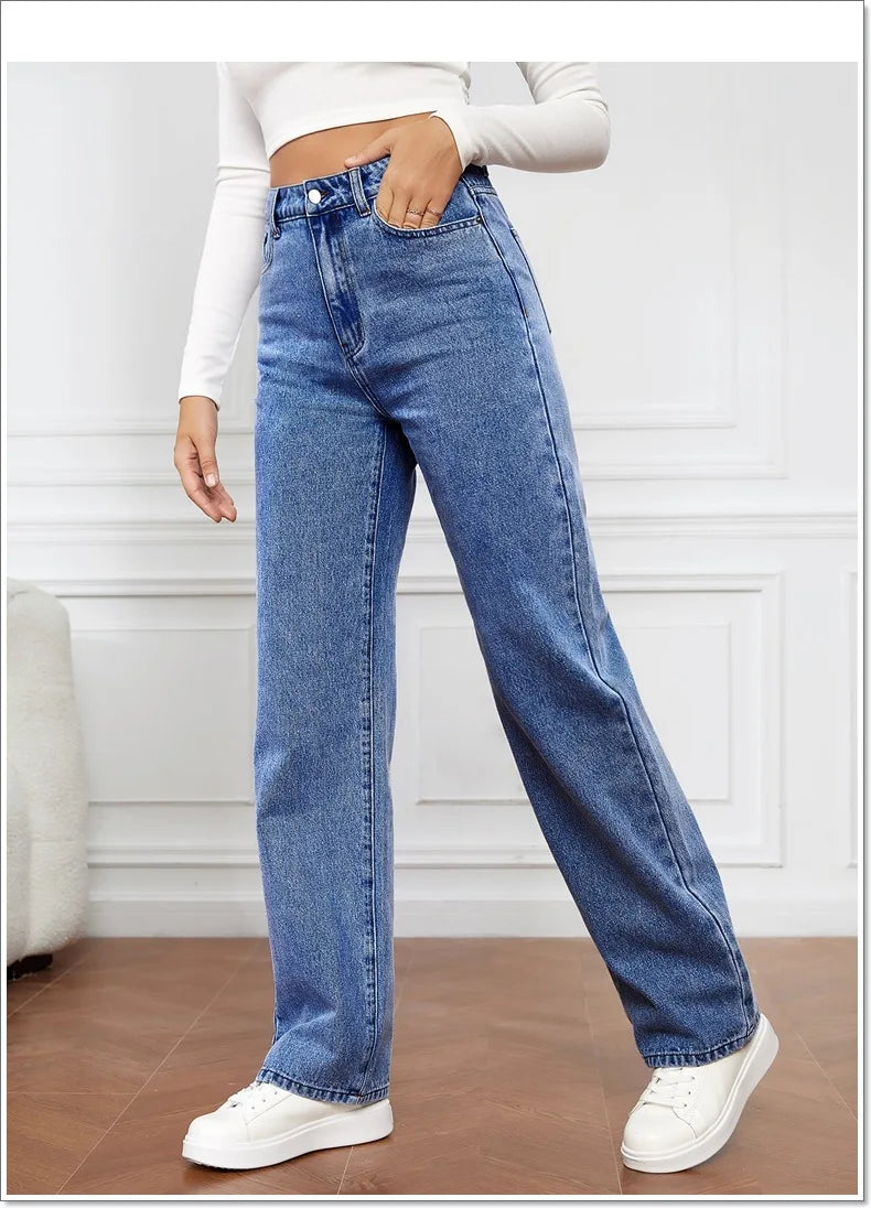 2025 new European and American high-waisted water-washed women's jeans long fashionable and versatile straight-leg pants