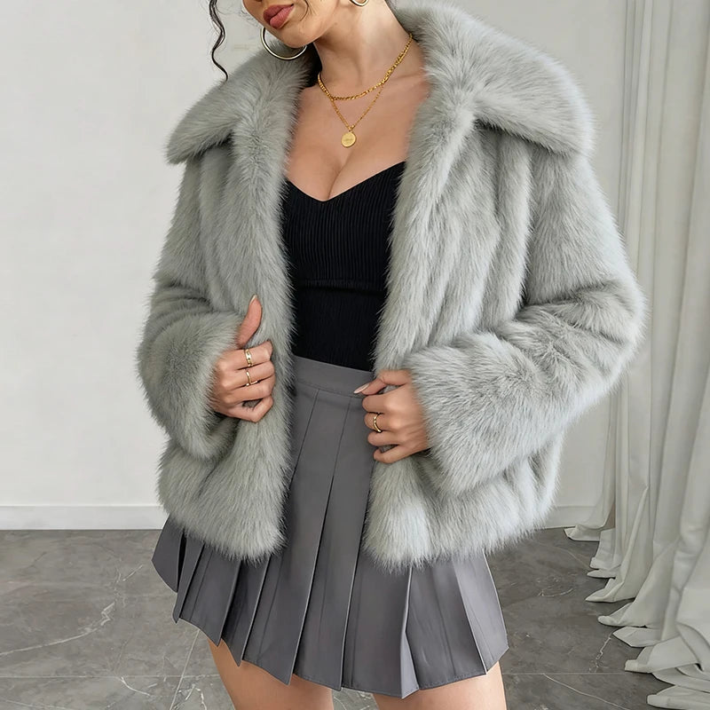 Fashion Vintge Women's Faux Fur Coat Turn-Down Collar Classic Overcoats Basic Fluffy Fox Jackets Lady Elegant Overcoats