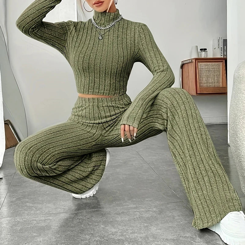 Fashion Women's Knitted Two-piece Set Casual Ribed Long-Sleeve Slim Outfit Trouser Set Female Outfit Clothes