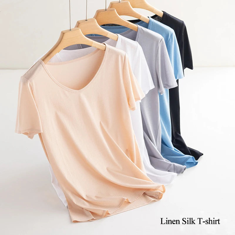 Summer Short Sleeve T-Shirt Women Tee Shirts Real Silk Linen Cotton T Shirt Women's Casual Tees V-neck Woman Tshirt Solid Tops