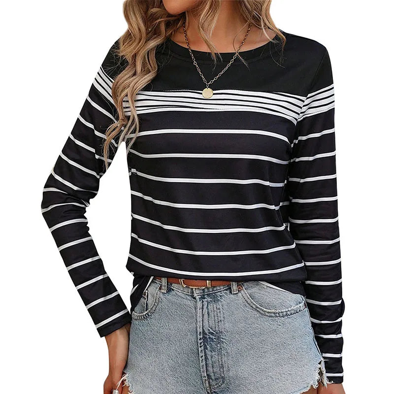2025 new European and American autumn women's casual striped long sleeved t-shirt for women