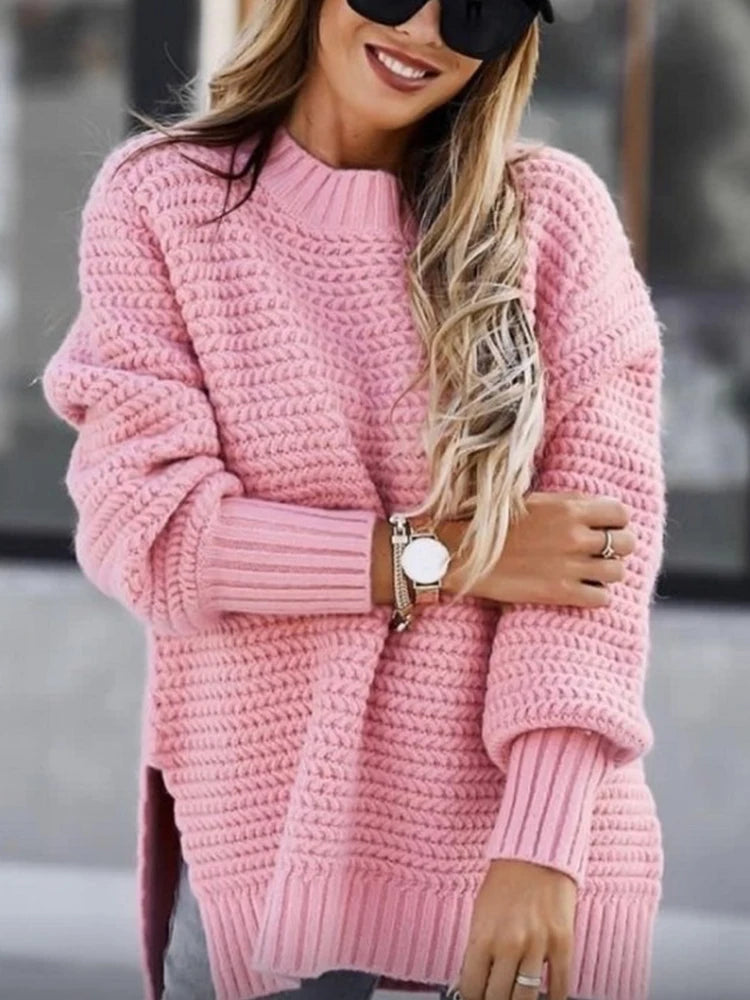 2025 New Loose Split Knitted Long Sleeve Thick Sweater Half High Neck Korean Fashion Pullover Autumn Winter Black Women Clothes