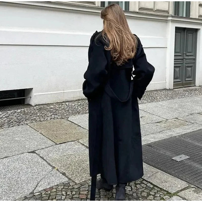 Belts Double Breasted Women's OverCoat Elegant Laple Pocket Full Sleeve Female Coat 2025 Autumn Winter Fashion New Lady Outwears