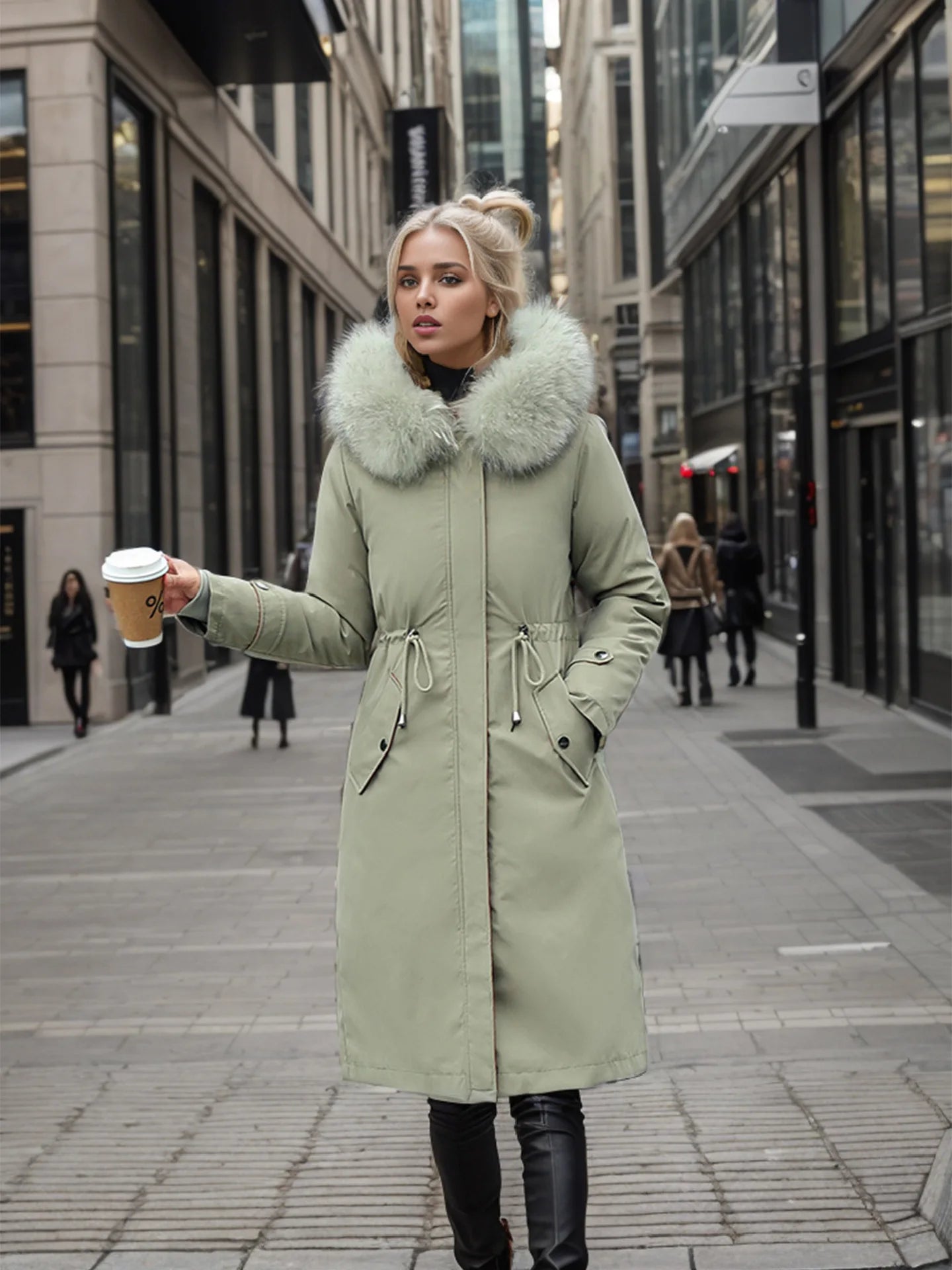 Lady's Winter Parka Coat Solid Color Detachable Faux Fur Trim Slim Fit Female's Padded Coat Thermal Longline Coat For Women