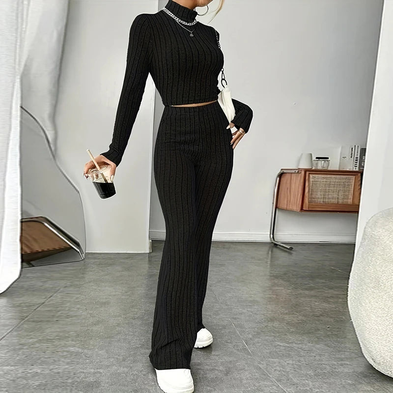Fashion Women's Knitted Two-piece Set Casual Ribed Long-Sleeve Slim Outfit Trouser Set Female Outfit Clothes