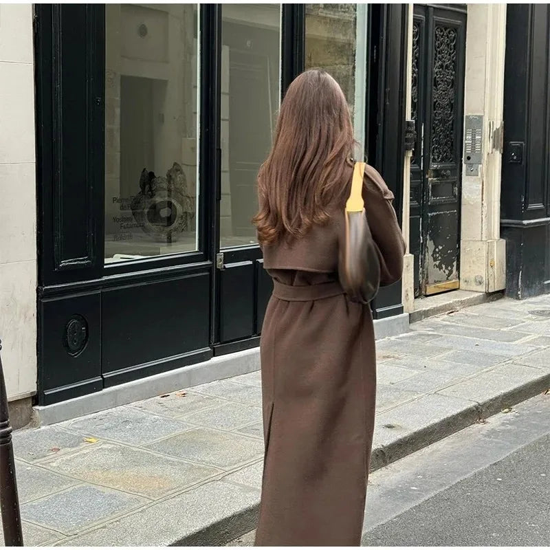 Belts Double Breasted Women's OverCoat Elegant Laple Pocket Full Sleeve Female Coat 2025 Autumn Winter Fashion New Lady Outwears