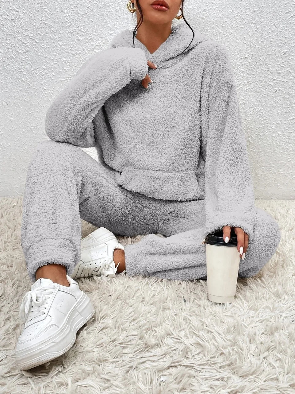 Autumn Winter Plush Hooded Sweatshirt Trousers 2 Piece Set Women's Fashion Pocket Warm Casual Home Clothing Hoodie Trousers Suit