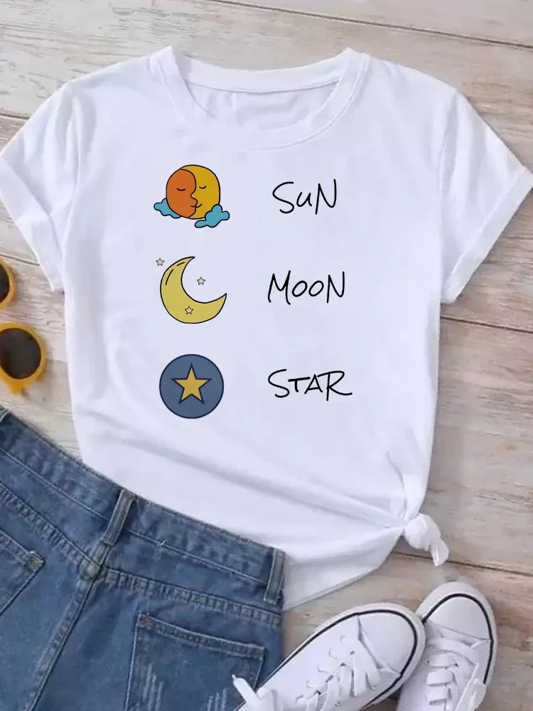 Women Moon Planet Print Fashion Tee Shirts Casual Round Neck Short Sleeve Streetwear Female T-Shirt Vintage Tops