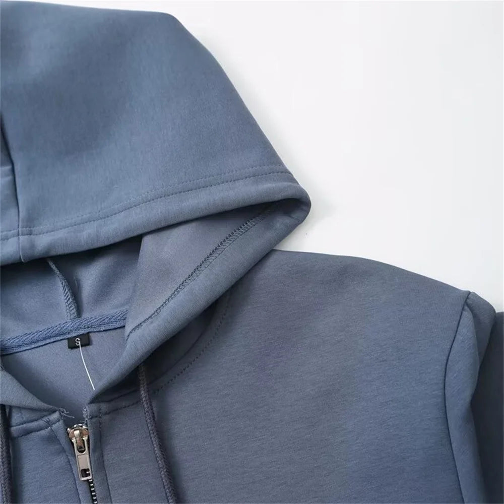 Autumn new women's fashionable casual zipper decoration hooded long sleeved sweatshirt jacket trumpet pants set