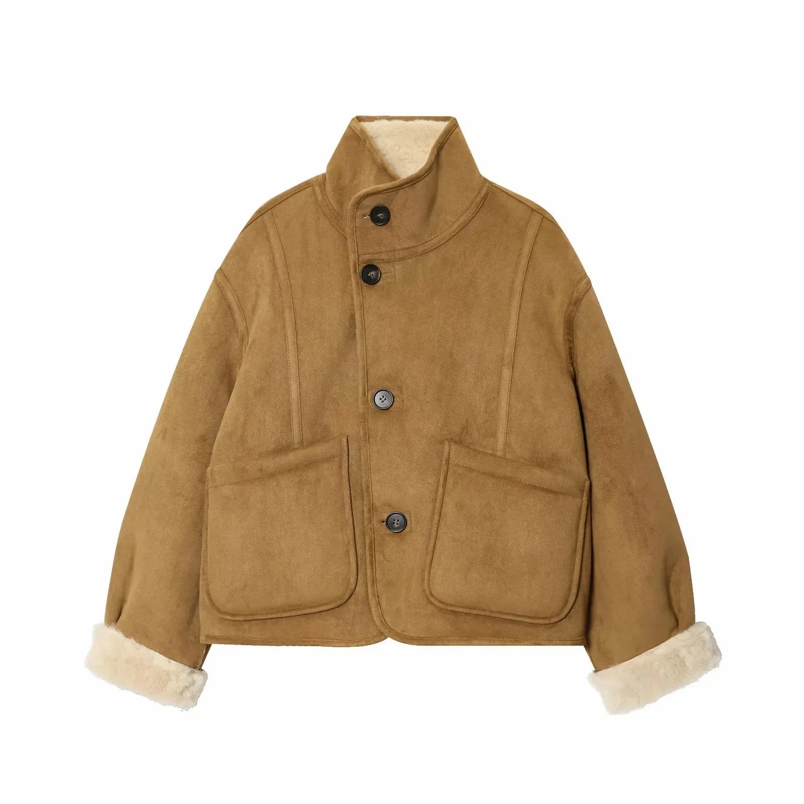 Women 2025 Double-Sided Wear Lamb Velvet Coat Women's Fashion Stand Collar Single Breasted Pocket Short Jacket Lady Outerwear