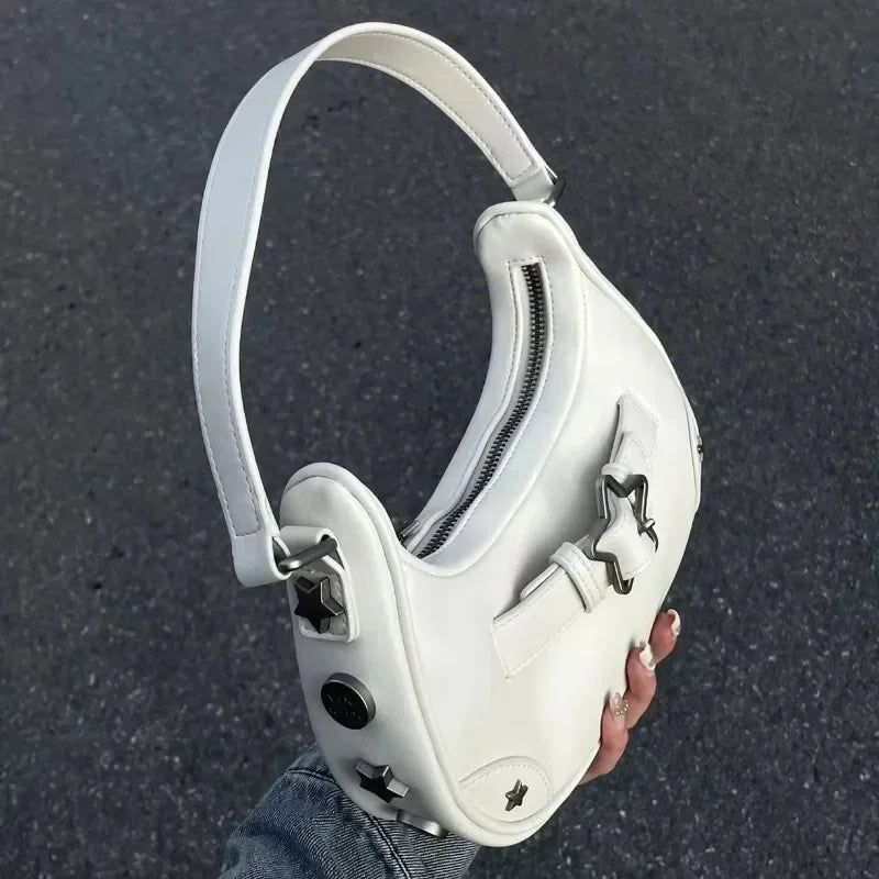 Vintage Korean Casual Cute White Star Shoulder Underarm Tote Bag Ladies Sling Bags Leather Zip Purses  Handbags Women