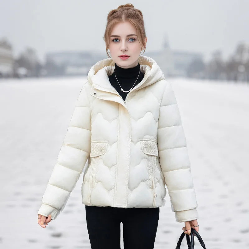 Drawstring Winter Women's Parka Jacket Solid Stand Collar Hooded Zipper Fly Padded Coat For Female Slouchy-Style Lady's Jacket