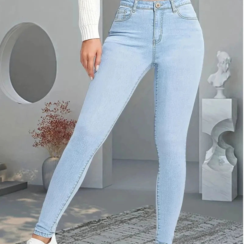 Trendy Y2k Jeans For Woman Blue Stretch Slim Fit Denim Pants Vintage Style High Waist Trousers Fashion Comfort Daily Wear
